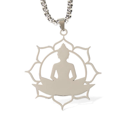 Buddha Stones Vintage Lotus Sitting Buddha Design Stainless Steel Enlightenment Necklace Pendant