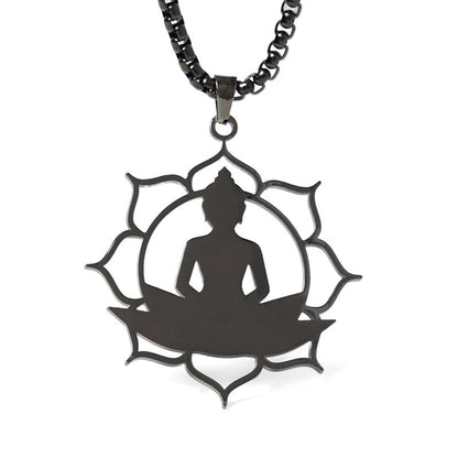 Buddha Stones Vintage Lotus Sitting Buddha Design Stainless Steel Enlightenment Necklace Pendant