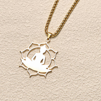 Buddha Stones Vintage Lotus Sitting Buddha Design Stainless Steel Enlightenment Necklace Pendant