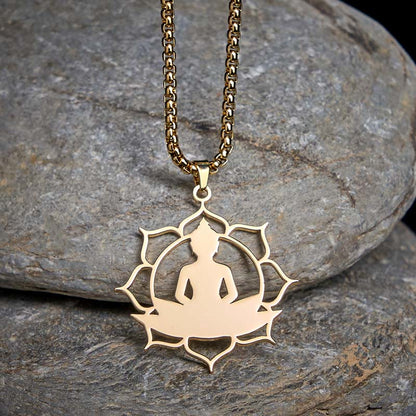 Buddha Stones Vintage Lotus Sitting Buddha Design Stainless Steel Enlightenment Necklace Pendant