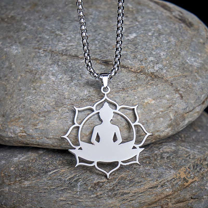 Buddha Stones Vintage Lotus Sitting Buddha Design Stainless Steel Enlightenment Necklace Pendant