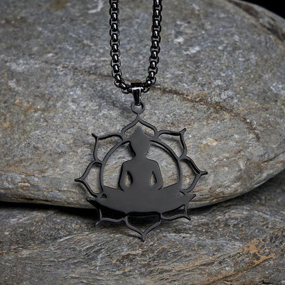 Buddha Stones Vintage Lotus Sitting Buddha Design Stainless Steel Enlightenment Necklace Pendant