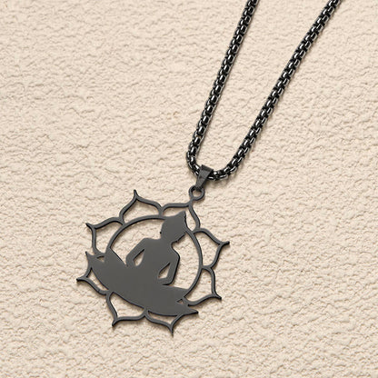 Buddha Stones Vintage Lotus Sitting Buddha Design Stainless Steel Enlightenment Necklace Pendant