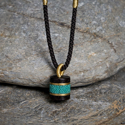 Buddha Stones Ebony Wood Turquoise Cylinder Peace Necklace Pendant