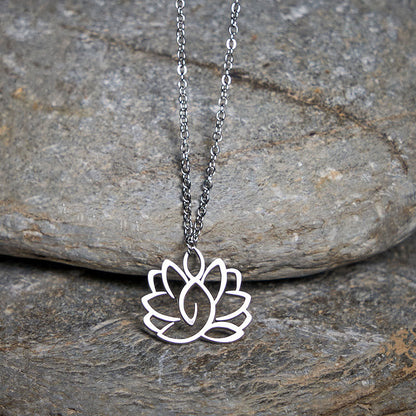 Buddha Stones Hollow Lotus Design Stainless Steel Enlightenment Necklace Pendant