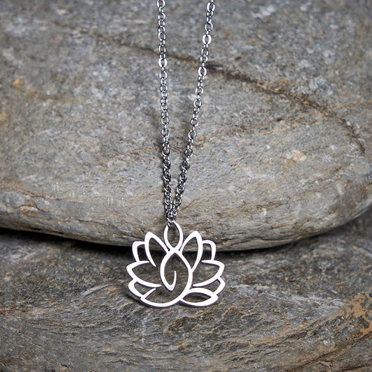 Buddha Stones Hollow Lotus Design Stainless Steel Enlightenment Necklace Pendant