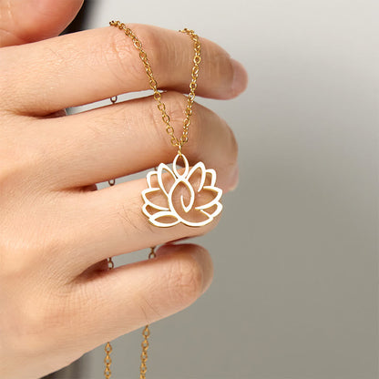 Buddha Stones Hollow Lotus Design Stainless Steel Enlightenment Necklace Pendant