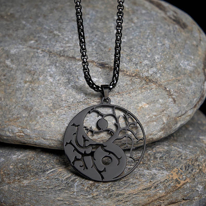 Buddha Stones Branches Hollow Yin Yang Design Stainless Steel Balance Necklace Pendant
