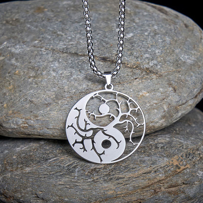 Buddha Stones Branches Hollow Yin Yang Design Stainless Steel Balance Necklace Pendant