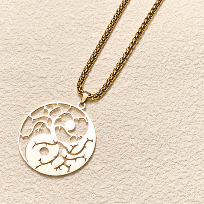 Buddha Stones Branches Hollow Yin Yang Design Stainless Steel Balance Necklace Pendant