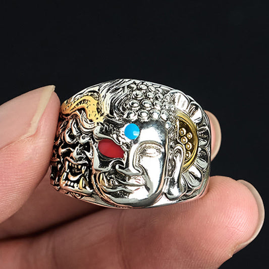 Buddha Stones Half Demon Half Buddha Lotus Copper Serenity Adjustable Ring