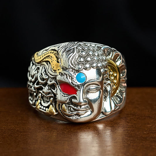 Buddha Stones Half Demon Half Buddha Lotus Copper Serenity Adjustable Ring