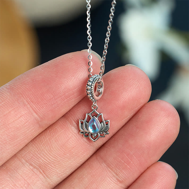 Buddha Stones 925 Sterling Silver Lotus Design Moonstone Healing Necklace Pendant