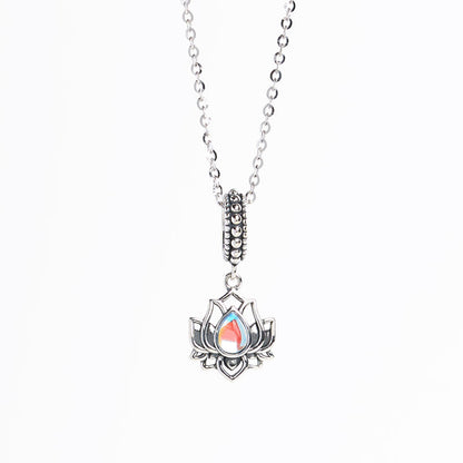 Buddha Stones 925 Sterling Silver Lotus Design Moonstone Healing Necklace Pendant