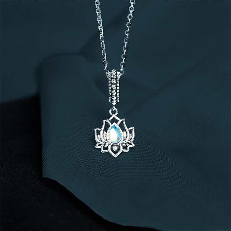 Buddha Stones 925 Sterling Silver Lotus Design Moonstone Healing Necklace Pendant