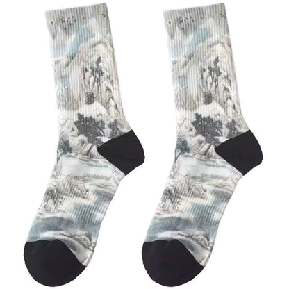 Buddha Stones Chinese Ink Painting Landscape Pattern Micro Crew Three Pairs Men Women Unisex Socks
