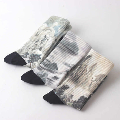 Buddha Stones Chinese Ink Painting Landscape Pattern Micro Crew Three Pairs Men Women Unisex Socks