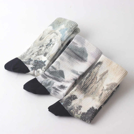 Buddha Stones Chinese Ink Painting Landscape Pattern Micro Crew Three Pairs Men Women Unisex Socks