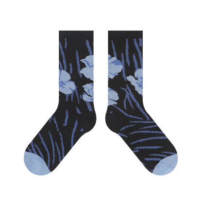 Buddha Stones Chinese Calligraphy Floral Design Micro Crew Women Cotton Socks