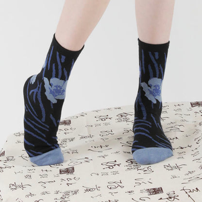 Buddha Stones Chinese Calligraphy Floral Design Micro Crew Women Cotton Socks