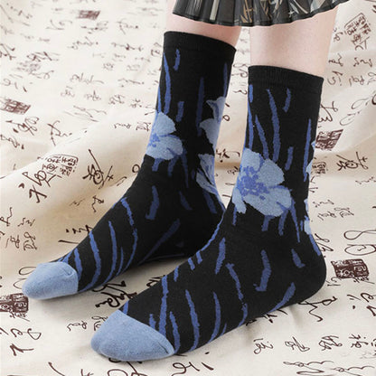 Buddha Stones Chinese Calligraphy Floral Design Micro Crew Women Cotton Socks