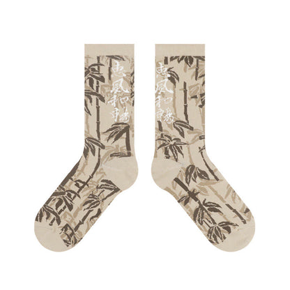 Buddha Stones Chinese Calligraphy Floral Design Micro Crew Women Cotton Socks