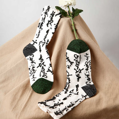 Buddha Stones Chinese Calligraphy Color Matching Pattern Micro Crew Women Cotton Socks