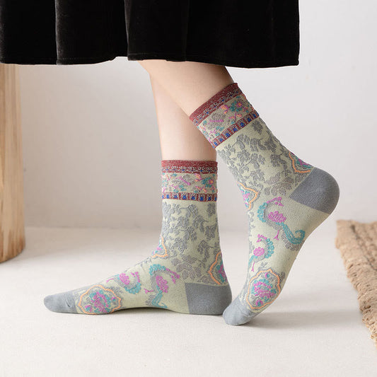 Buddha Stones Retro Embossed Floral Pattern Micro Crew Women Cotton Socks