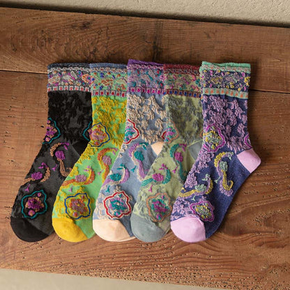 Buddha Stones Retro Embossed Floral Pattern Micro Crew Women Cotton Socks