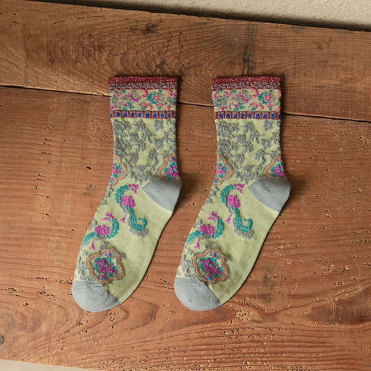 Buddha Stones Retro Embossed Floral Pattern Micro Crew Women Cotton Socks