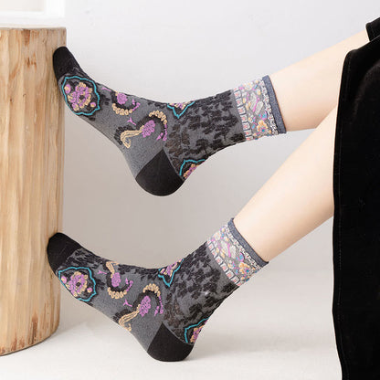 Buddha Stones Retro Embossed Floral Pattern Micro Crew Women Cotton Socks