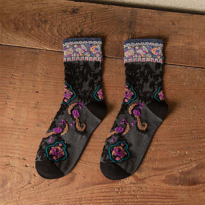 Buddha Stones Retro Embossed Floral Pattern Micro Crew Women Cotton Socks