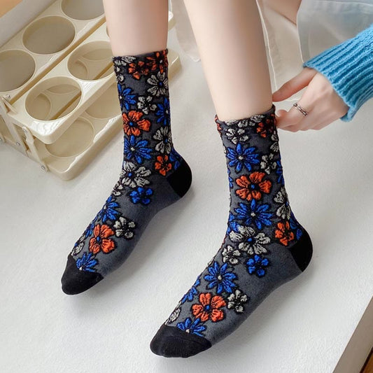 Buddha Stones Ethnic Textured Floral Contrasting Color Design Women's Micro Crew Cotton Socks