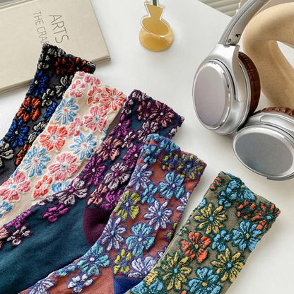 Buddha Stones Ethnic Textured Floral Contrasting Color Design Women's Micro Crew Cotton Socks