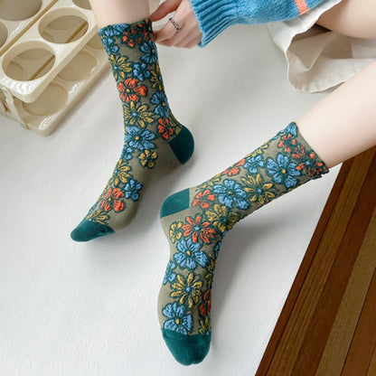 Buddha Stones Ethnic Textured Floral Contrasting Color Design Women's Micro Crew Cotton Socks