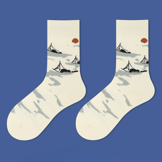 Buddha Stones Casual Sailboat Ancient Town Lotus Orchid Countryside Micro Crew Women's Socks
