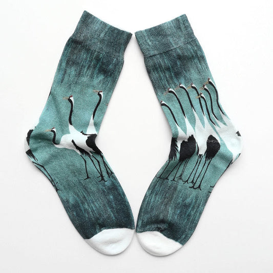 Buddha Stones Casual White Crane Cotton Micro Crew Women's Socks