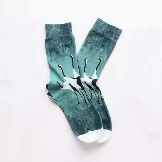 Buddha Stones Casual White Crane Cotton Micro Crew Women's Socks