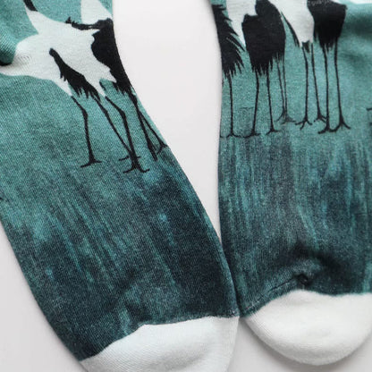 Buddha Stones Casual White Crane Cotton Micro Crew Women's Socks