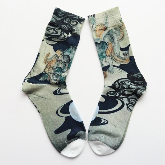 Buddha Stones Casual Multicolored Ink-style Waves Cotton Micro Crew Women's Socks