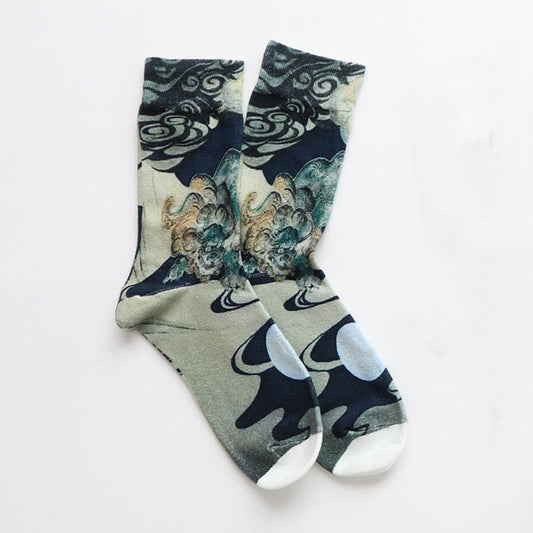 Buddha Stones Casual Multicolored Ink-style Waves Cotton Micro Crew Women's Socks
