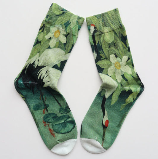 Buddha Stones Casual White Crane Floral Lotus Leaf Koi Fish Cotton Micro Crew Women's Socks