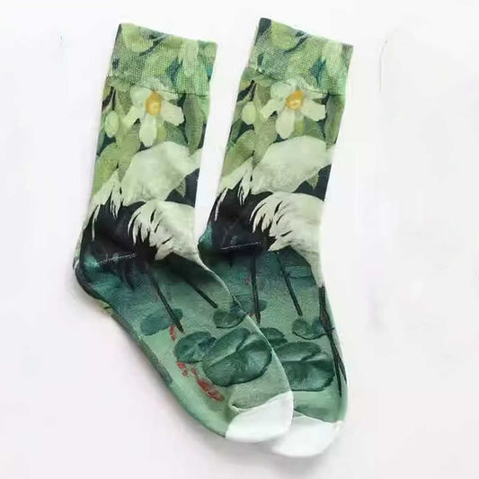 Buddha Stones Casual White Crane Floral Lotus Leaf Koi Fish Cotton Micro Crew Women's Socks