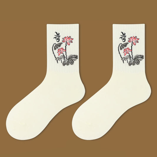Buddha Stones Casual Lotus Pavilion Deer Peaceful Character Swallows Micro Crew Women's Socks