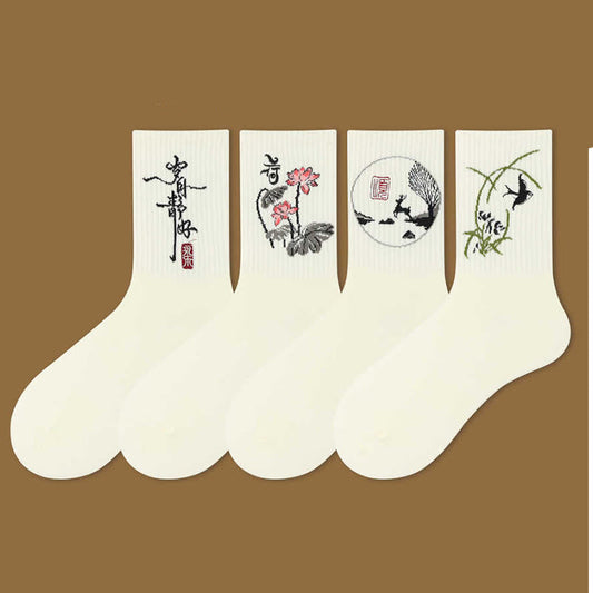 Buddha Stones Casual Lotus Pavilion Deer Peaceful Character Swallows Micro Crew Women's Socks
