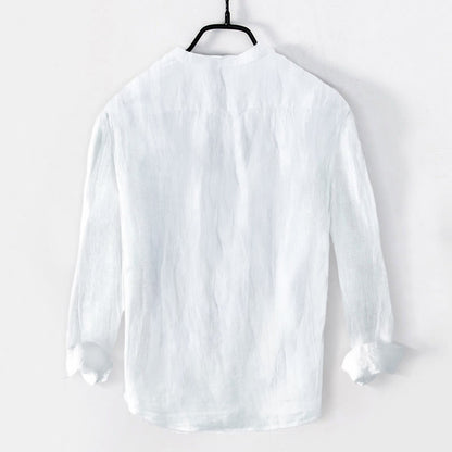 Buddha Stones Solid Color Long Sleeve Half Button Shirt Cotton Linen Men Clothing