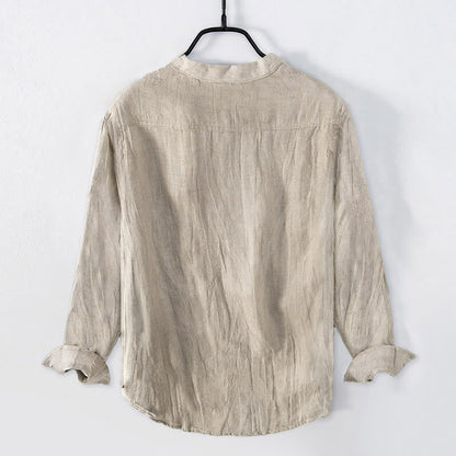 Buddha Stones Solid Color Long Sleeve Half Button Shirt Cotton Linen Men Clothing