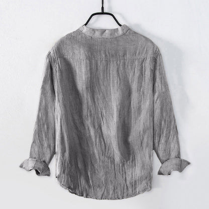 Buddha Stones Solid Color Long Sleeve Half Button Shirt Cotton Linen Men Clothing