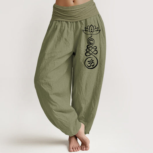 Buddha Stones Plain Lotus Om Pattern Women's Elastic Waist Harem Cotton Pants