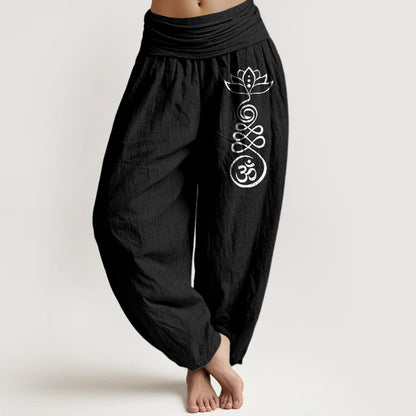 Buddha Stones Plain Lotus Om Pattern Women's Elastic Waist Harem Cotton Pants